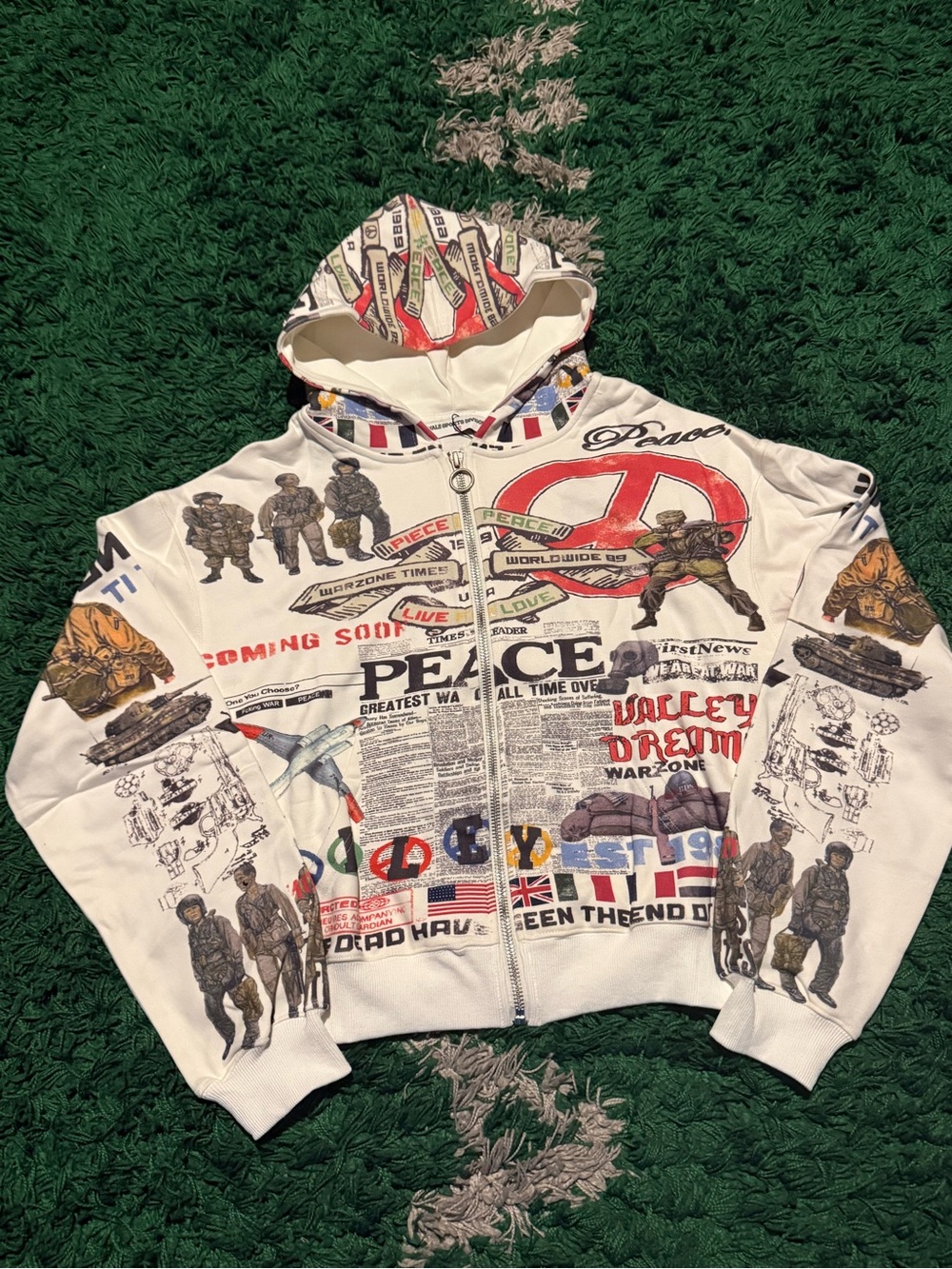 White Graphic Zip-Up Hoodie Jacket with Peace Motif and Military Prints